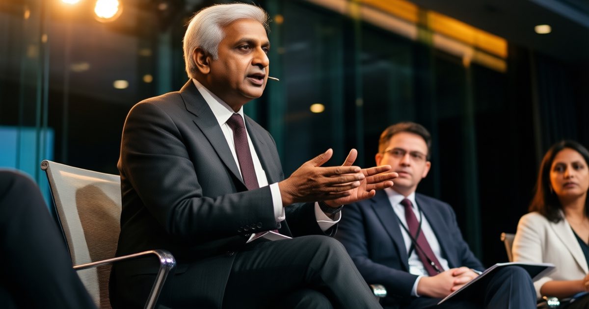 A grey-haired Indian businessman in a charcoal suit speaking at a modern conference panel with two seated listeners, one wearing a burgundy tie, warm stage lighting, documentary editorial photography