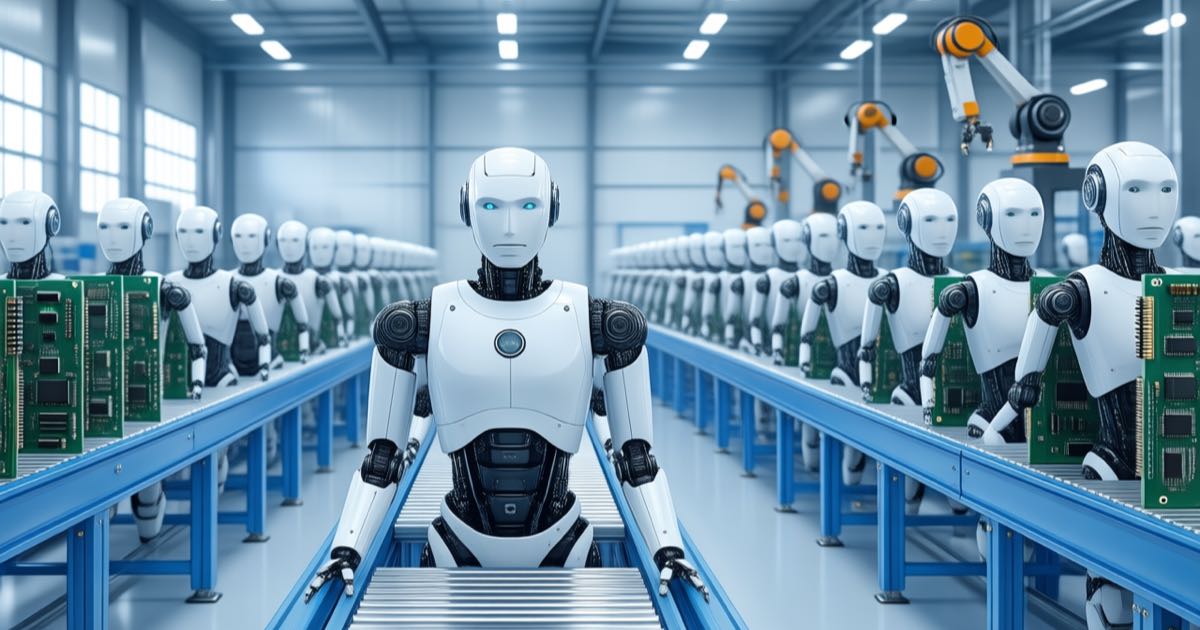 Rows of white humanoid robot torsos on an electronics factory assembly line beneath robotic arms, bright clean industrial lighting