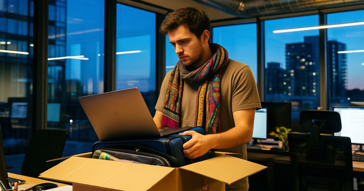 A young researcher packing a cardboard box of desk belongings in a modern open-plan tech office at dusk, laptop lid half-closed, glass walls reflecting city lights