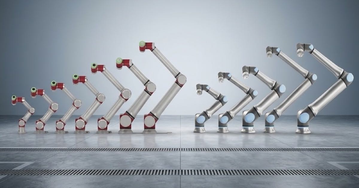 JAKA Robotics cobot arms and Universal Robots cobot arms lined up facing each other