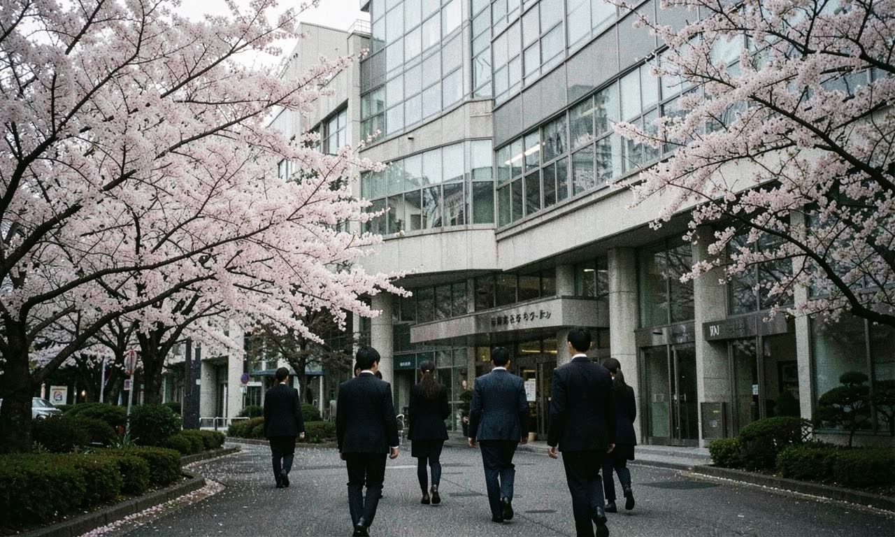 Japanese corporate office building with graduation ceremony imagery, muted colors, documentary style