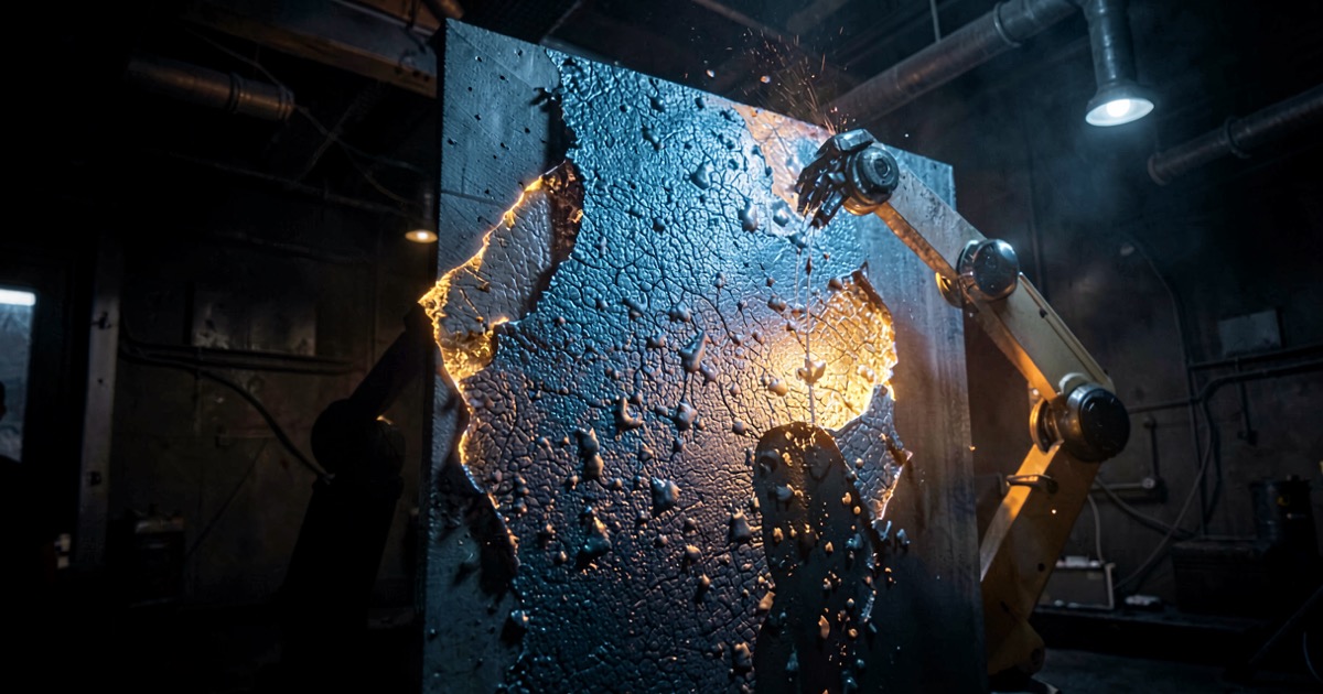 Abstract composition of a semiconductor wafer's surface texture dissolving into robotic arm silhouettes, cool blue and warm amber light, dark industrial atmosphere