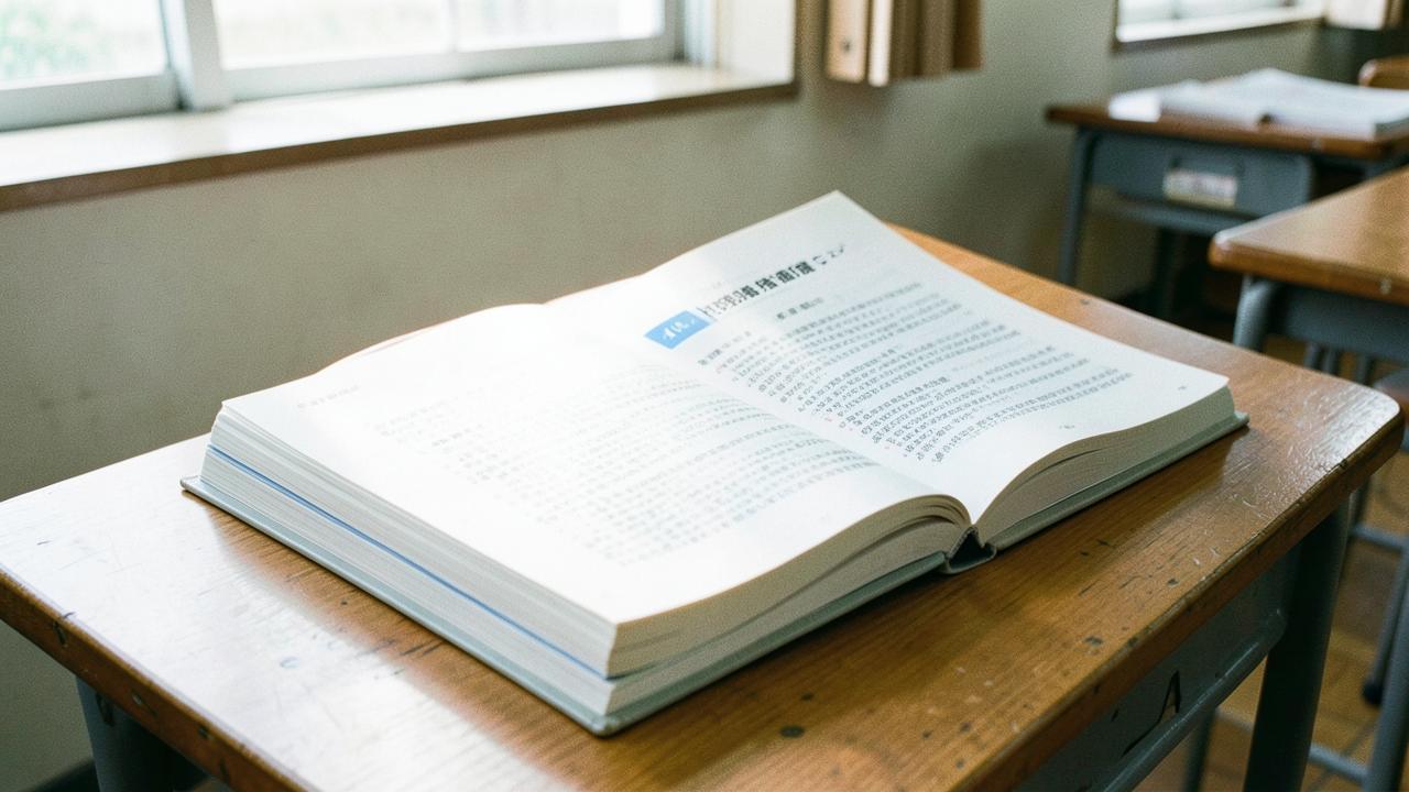 Stack of Japanese high school textbooks with AI-related content on a classroom desk