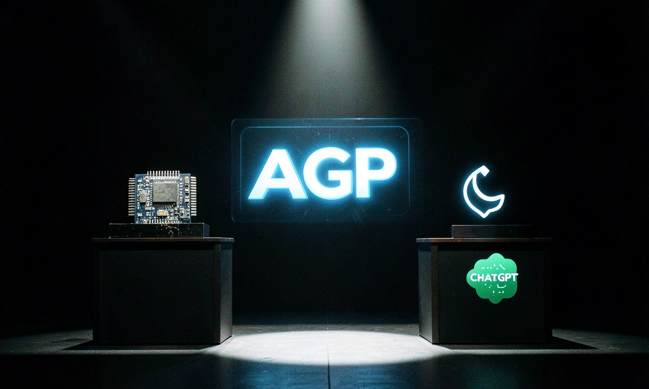 Two podiums on a stage, one displaying a GPU chip, the other a ChatGPT logo, with a banner reading AGI in large letters, dramatic spotlight, photojournalistic