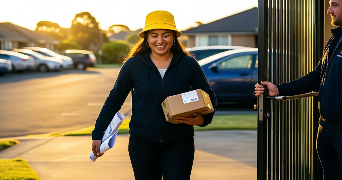A smiling woman in a bright yellow bucket hat walks out of a suburban New Zealand office car park at golden hour carrying a small box and a rolled certificate while a colleague holds the gate open, documentary editorial photography
