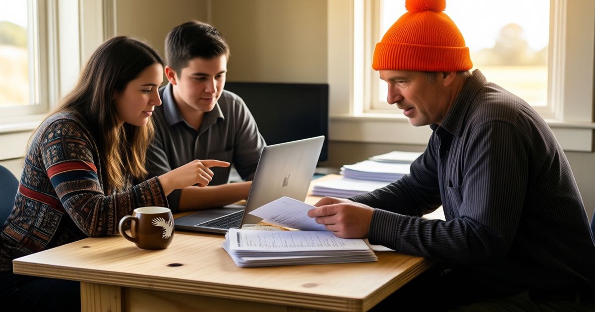 Three employees collaborating at a plywood desk in a sunlit small New Zealand business office while a manager in a bobble beanie reviews a thin stack of CVs, a kiwi-shaped mug visible, warm morning light, documentary editorial photography