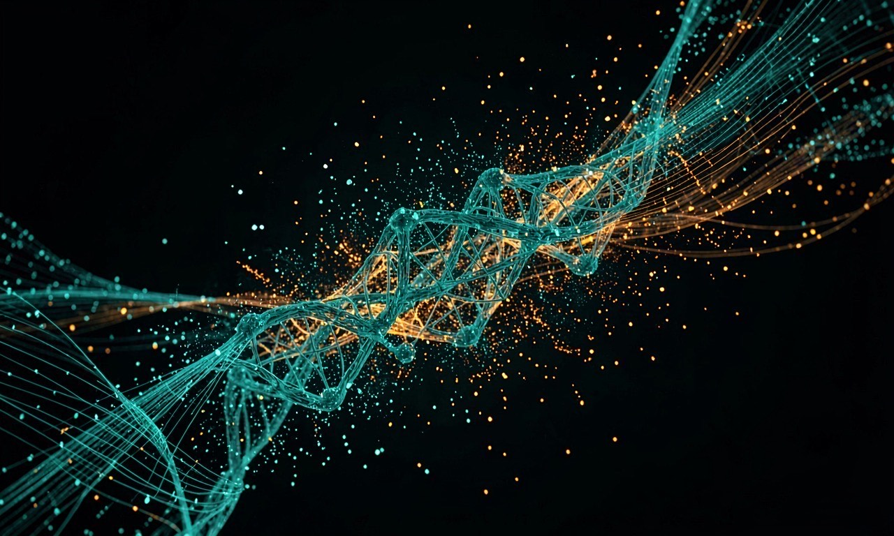A abstract composition of a protein structure dissolving into flowing data streams, rendered as a dark teal and amber digital landscape