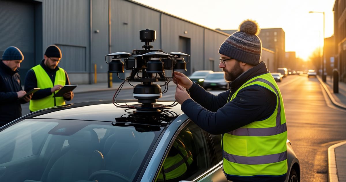 An engineer in a hi-vis vest and woolly beanie inspecting a lidar rig on a test car at golden hour, industrial buildings behind, documentary photography