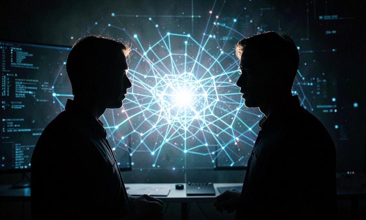 Andrej Karpathy and Ilya Sutskever silhouettes against neural network visualization, dramatic lighting