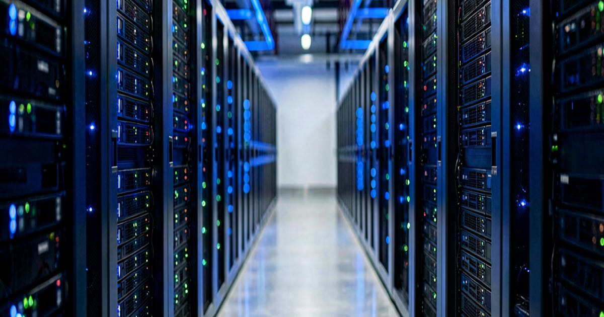 A modern data center server room with rows of blinking racks, blue LED lighting, empty walkway suggesting staffing shortage, editorial photography style