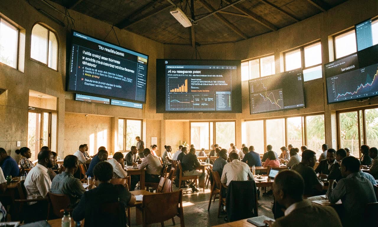 African parliament building with digital screens showing AI regulatory text, warm afternoon light, photojournalistic style
