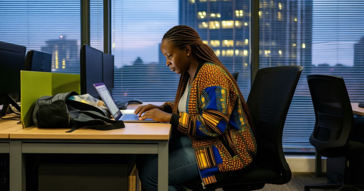 A freelancer packing up a laptop from a shared Nairobi coworking desk at dusk, city high-rise lights through the window, an empty desk chair nearby