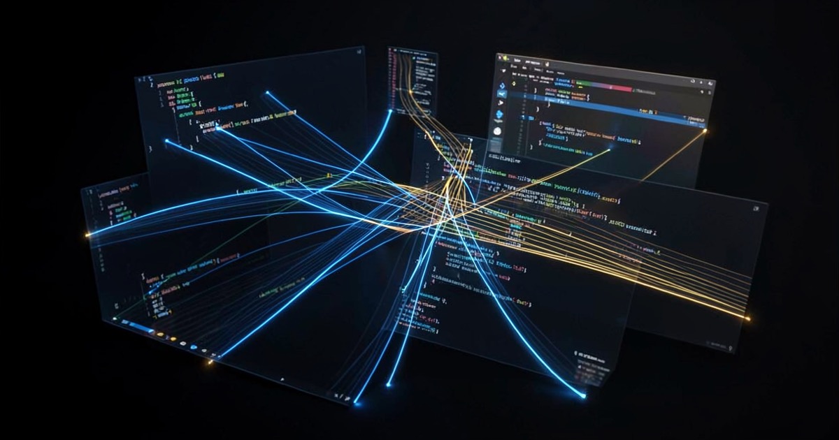Abstract digital interface showing multiple AI model paths converging into a single coding workspace, deep blue and gold light on dark surface