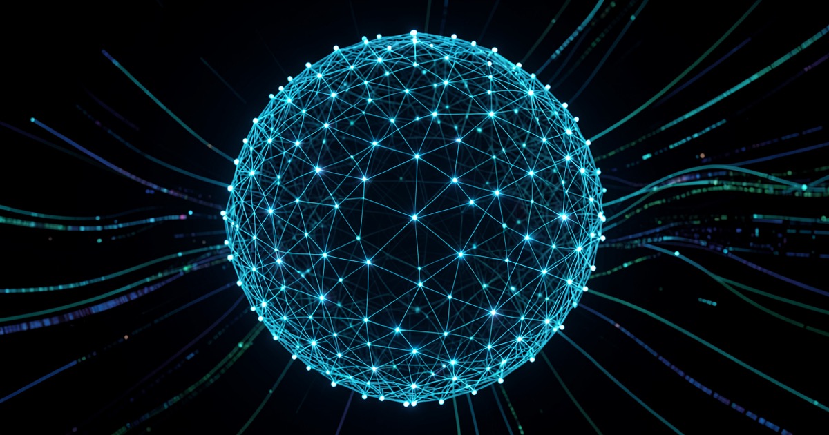 Abstract rendering of a massive neural network with luminous interconnected nodes forming a sphere shape in deep blue and teal