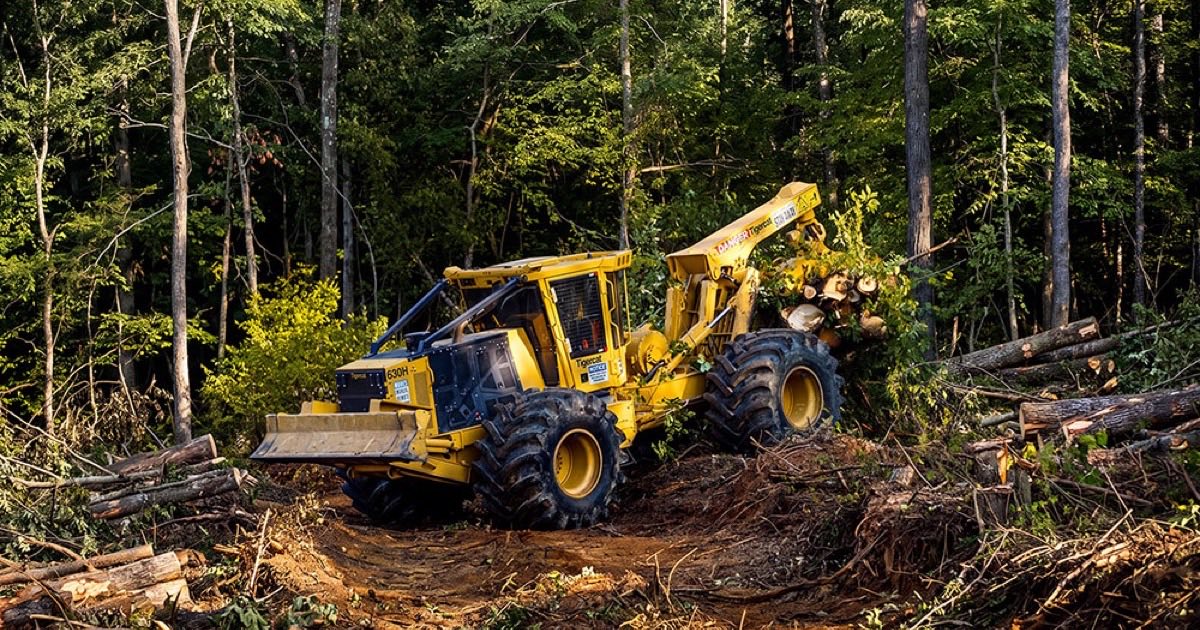 A yellow Tigercat skidder drags cut logs along a forest track under full tree canopy in the southeastern United States — the class of machine Kodama retrofits with cameras, LiDAR and remote operation.