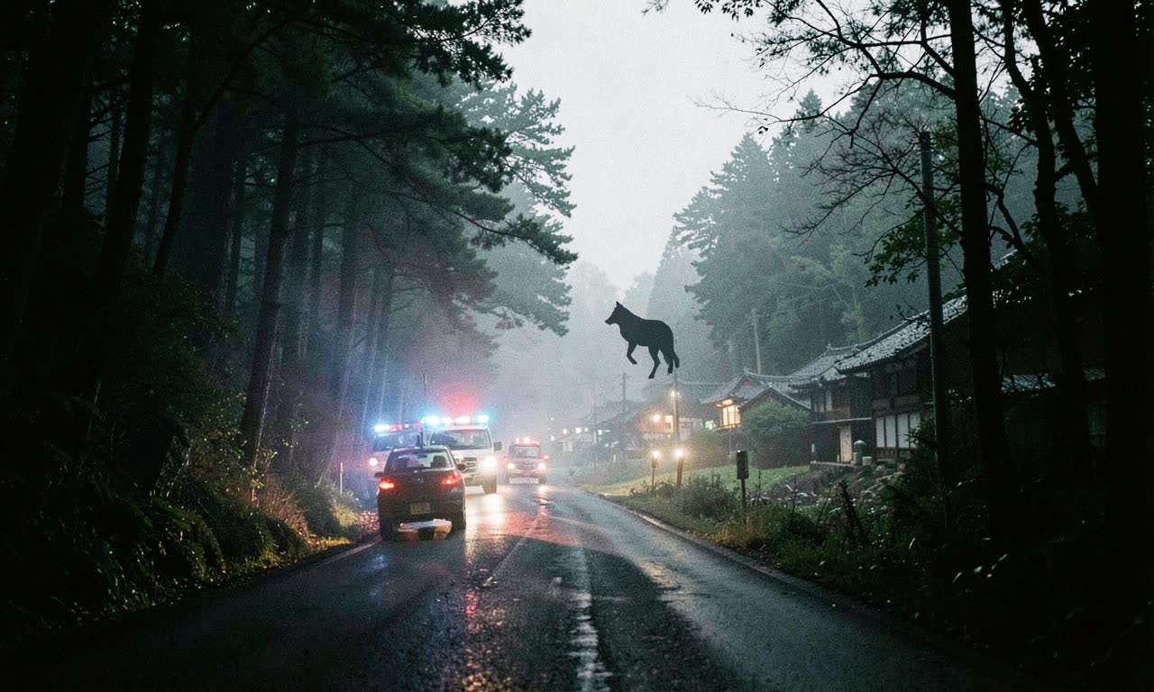 Forest road with emergency vehicles and search lights, wolf silhouette in mist, photojournalistic style