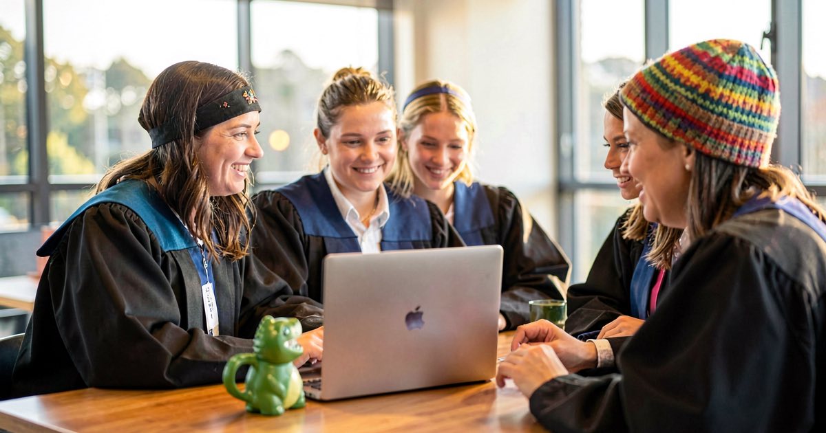 Five graduates in commencement gowns gathered around a laptop at a wooden table in a bright modern office, one wearing a colourful knitted beanie, a green dinosaur mug on the table, warm morning light, documentary editorial photography