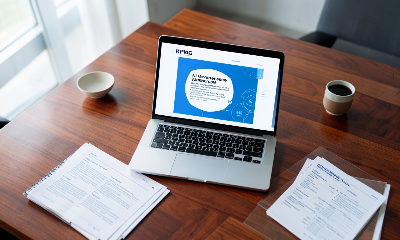 Corporate boardroom with executives around a table, a laptop displaying KPMG report with AI governance warning graphics, muted corporate tones, documentary photography style