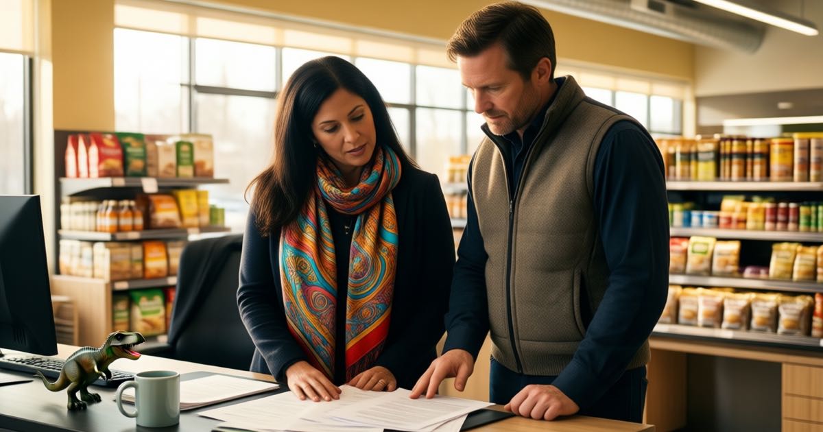 A woman in a colourful patterned scarf and a man in a woollen vest discuss printed documents at a desk in a bright corporate grocery offices with shelves of products in the background and a dinosaur mug on the desk, warm natural light, documentary editorial photography