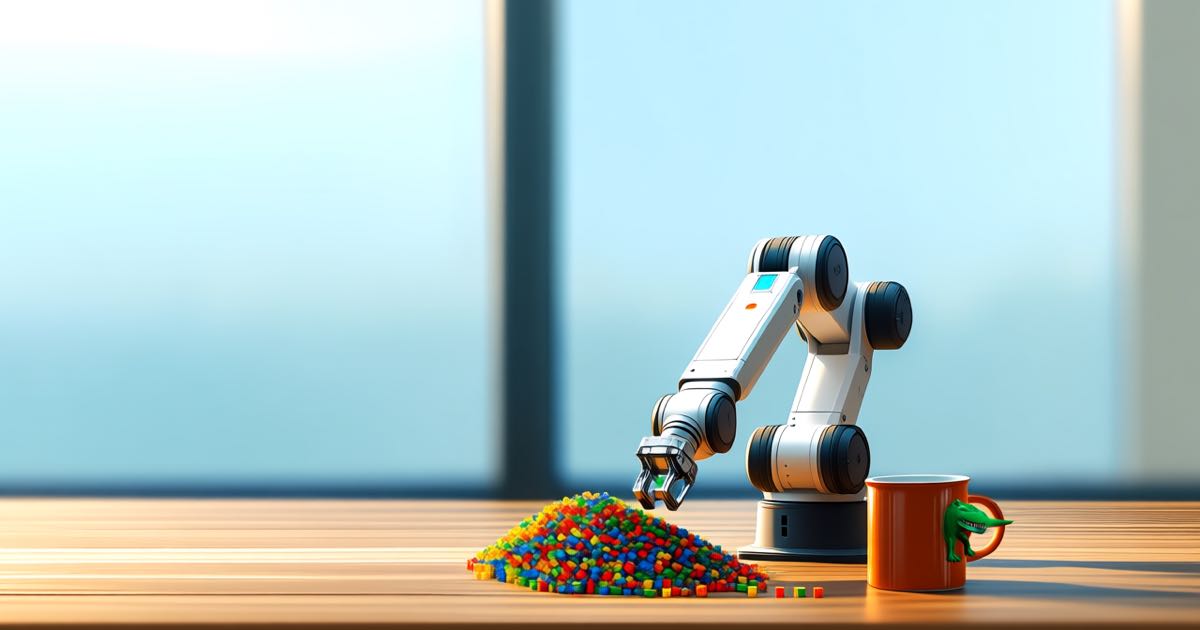 A compact white research robot arm placing colourful toy blocks on a wooden workbench in a bright modern robotics lab, a dinosaur mug beside the arm, daylight from a large window.