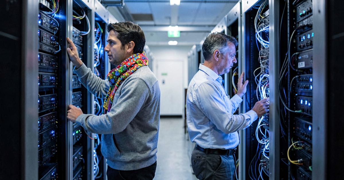 Two engineers in a server room aisle, one wearing a bright patterned scarf, checking GPU racks in cool blue light, editorial photography, documentary style, shallow depth of field.