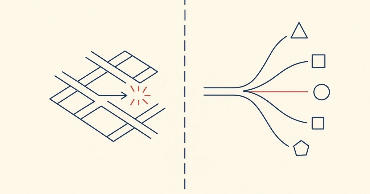 A line-art diagram on cream: on the left, a city street grid with a collision spark at an intersection; on the right, lines branching toward simple geometric shapes — the failure case found and the conditions replayed.
