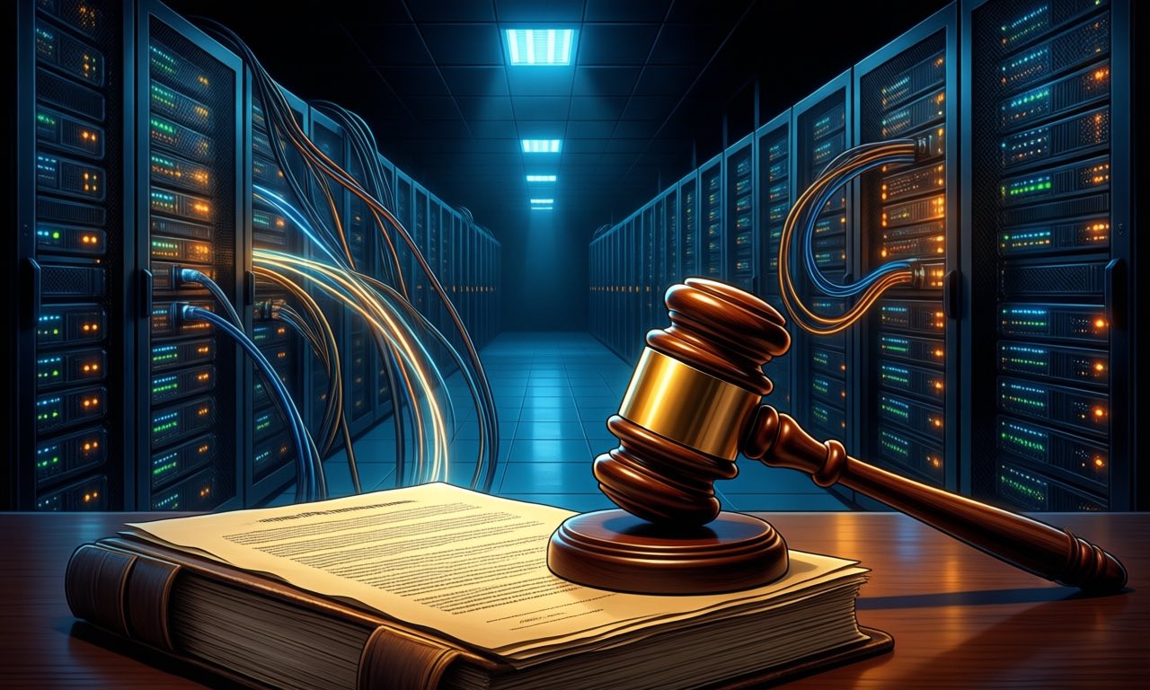 A judge's gavel resting on a heavy legal document in a dark server hall, cables of light running from rows of glowing racks toward the desk
