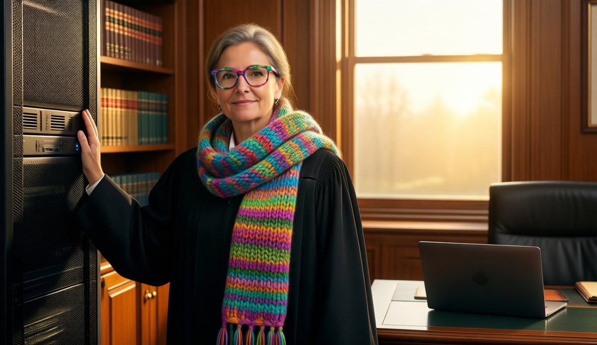 A confident woman lawyer in a bright patterned scarf and colourful reading glasses rests a hand on a black server rack in a warm wood-panelled law office with law books and golden morning light through a large window