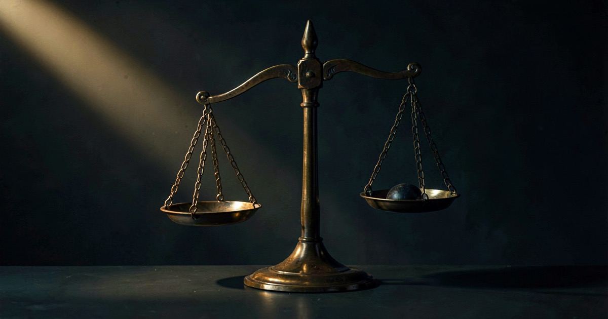 Bronze scales of justice in dramatic low-key lighting against a dark charcoal background