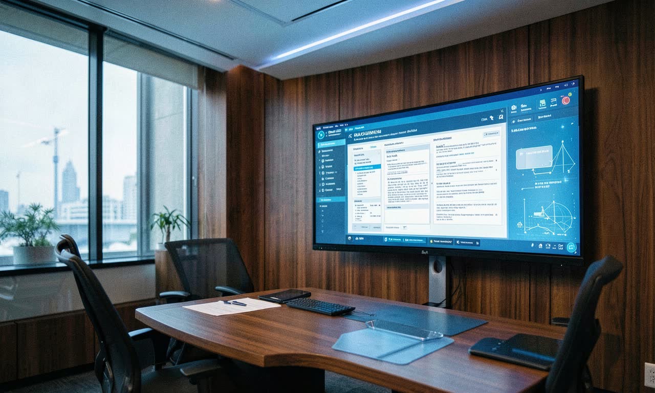 Modern law office with AI interface overlaying legal documents on a screen, warm wood and cool blue lighting