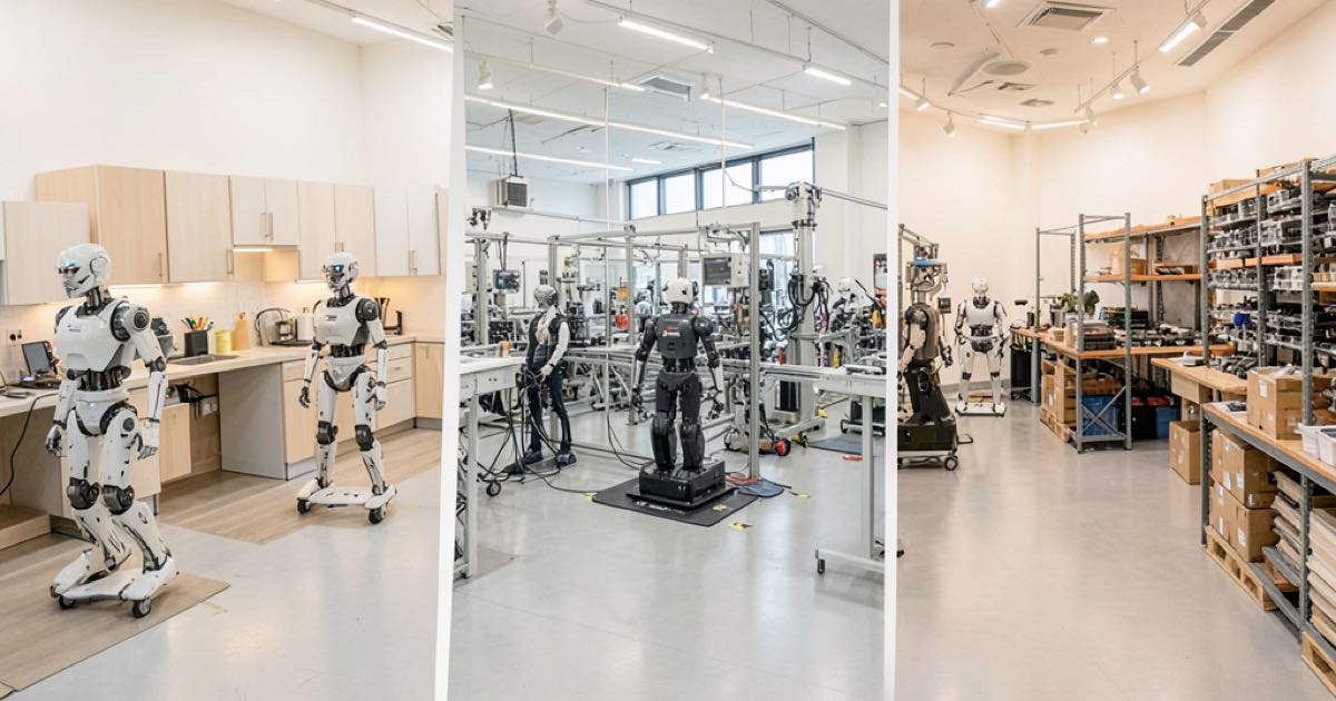 A modern robotics laboratory in Seoul with multiple humanoid robot test environments side by side — a kitchen, a factory floor, and a logistics area — bright clean lighting, documentary photography style