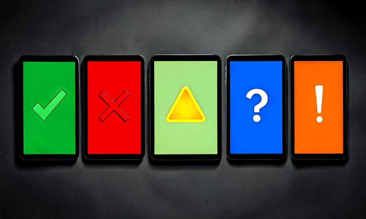 Five separate computer screens displaying conflicting AI verdicts True False Misleading with checkmarks and X marks, dramatic studio lighting, documentary photography