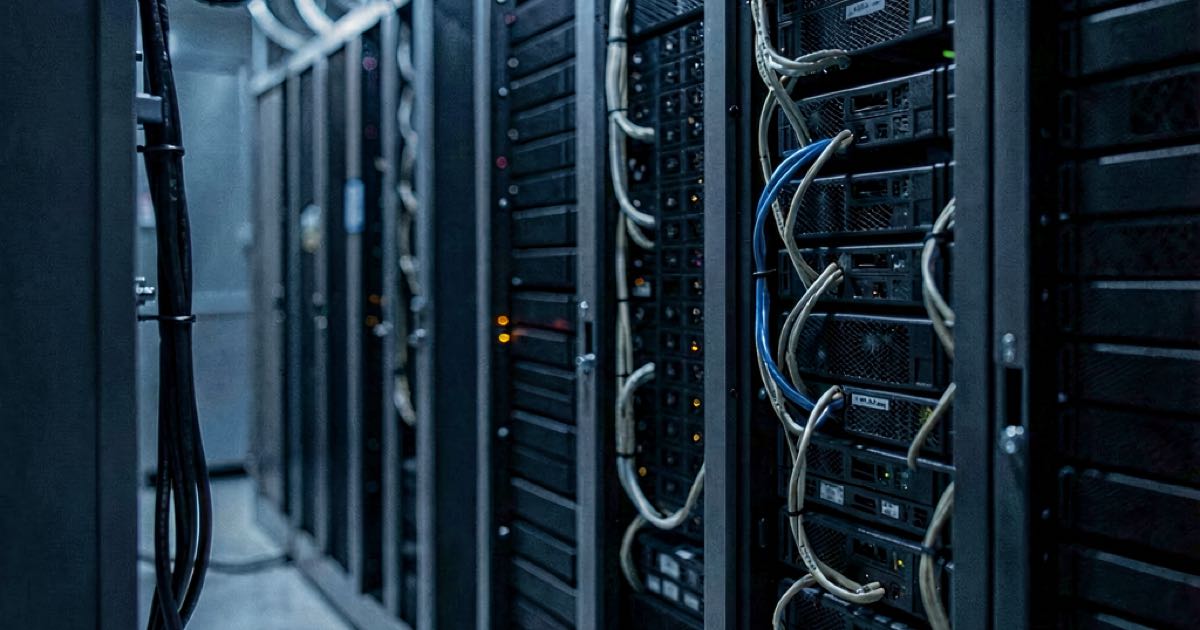 A server room with GPU racks and cooling cables, dimly lit in blue and grey tones.