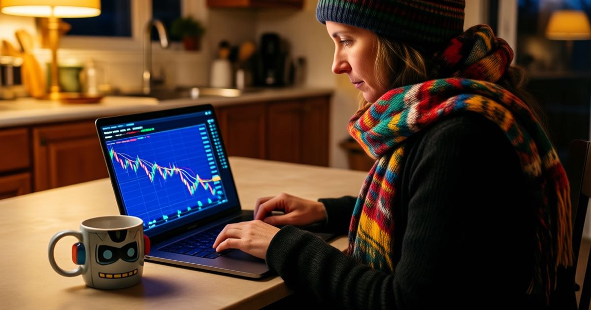 A woman in a beanie with a mug shaped like a robot head working at a kitchen-table desk with a stock chart glowing on a laptop, warm evening light, editorial photography, shallow depth of field
