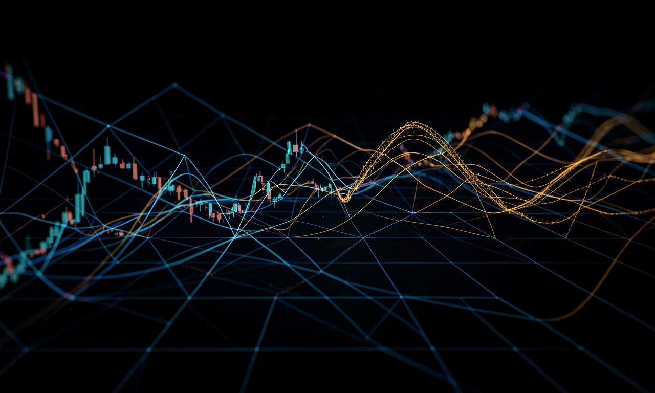 A dark moody composition of abstract financial data streams flowing through a grid of light, representing the transformation of banking through AI.