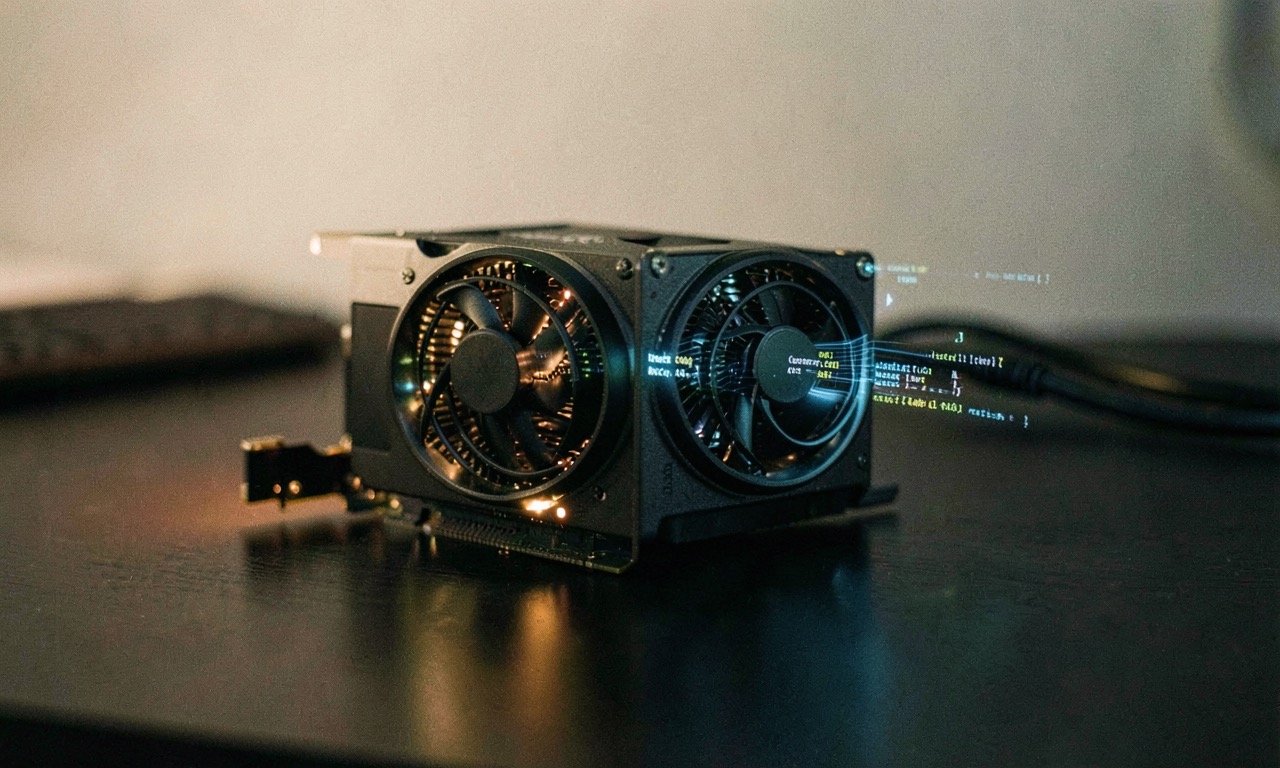 A consumer GPU running AI models on a desk, glowing fans, minimalist setup, documentary style