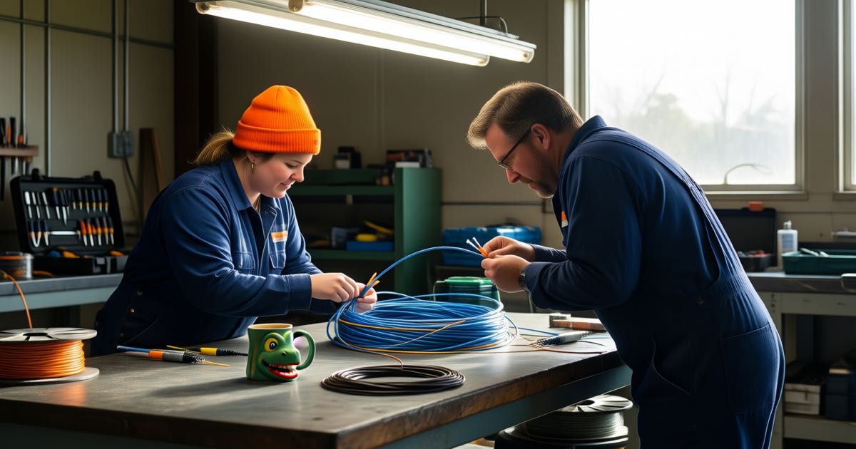 Three students in work overalls practising fibre optic cable splicing at a community college workbench, an instructor leaning in to help, one wearing a bright orange beanie, a dinosaur-shaped mug on the bench, documentary editorial photography