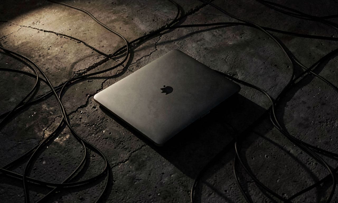Abstract composition of a laptop casting long shadows on a dark concrete surface with scattered network cables, moody low-key lighting, no text