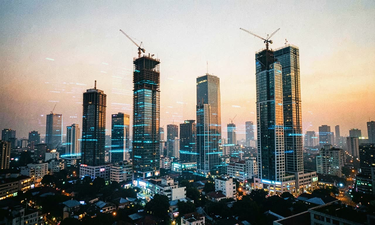 Mumbai skyline at dusk with construction cranes and digital overlay, cinematic wide angle
