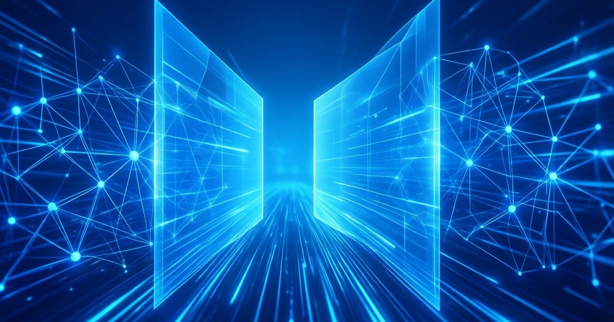 Abstract blue-lit data corridor suggesting an AI agent platform operating at scale