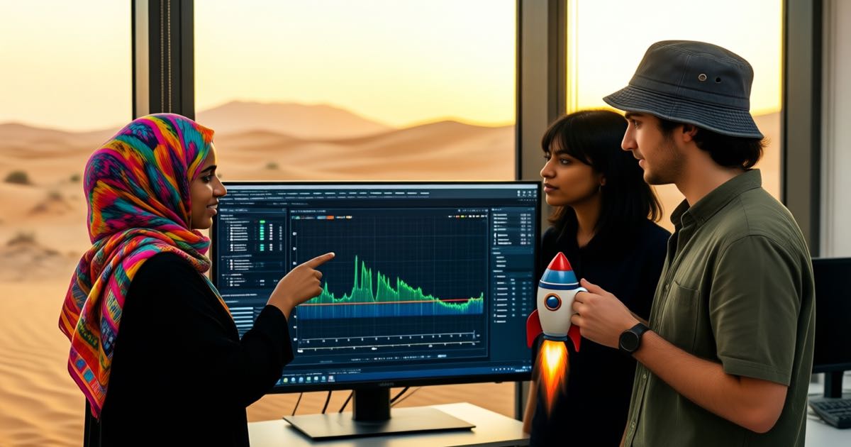 Researchers in an Abu Dhabi AI lab reviewing model training curves on a large monitor at golden hour