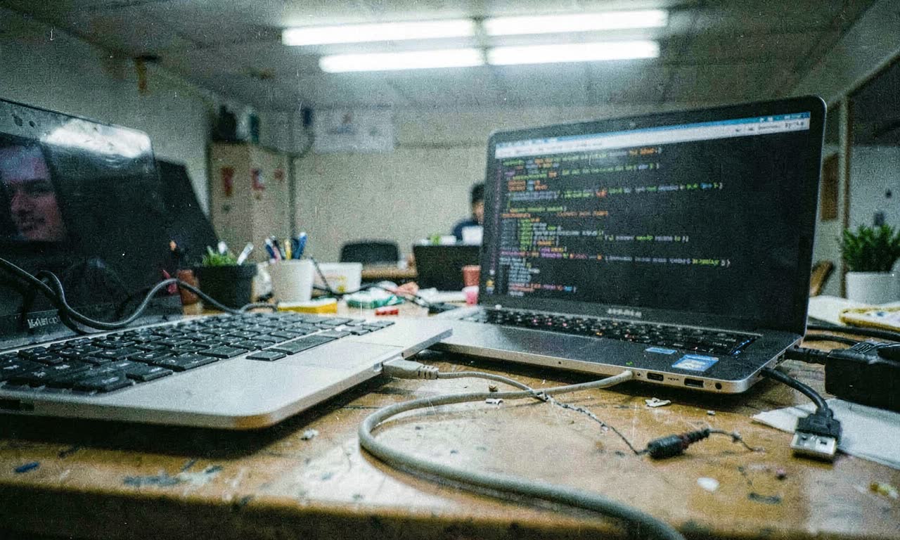 A broken USB cable on a desk next to a laptop, harsh overhead fluorescent lighting, documentary style
