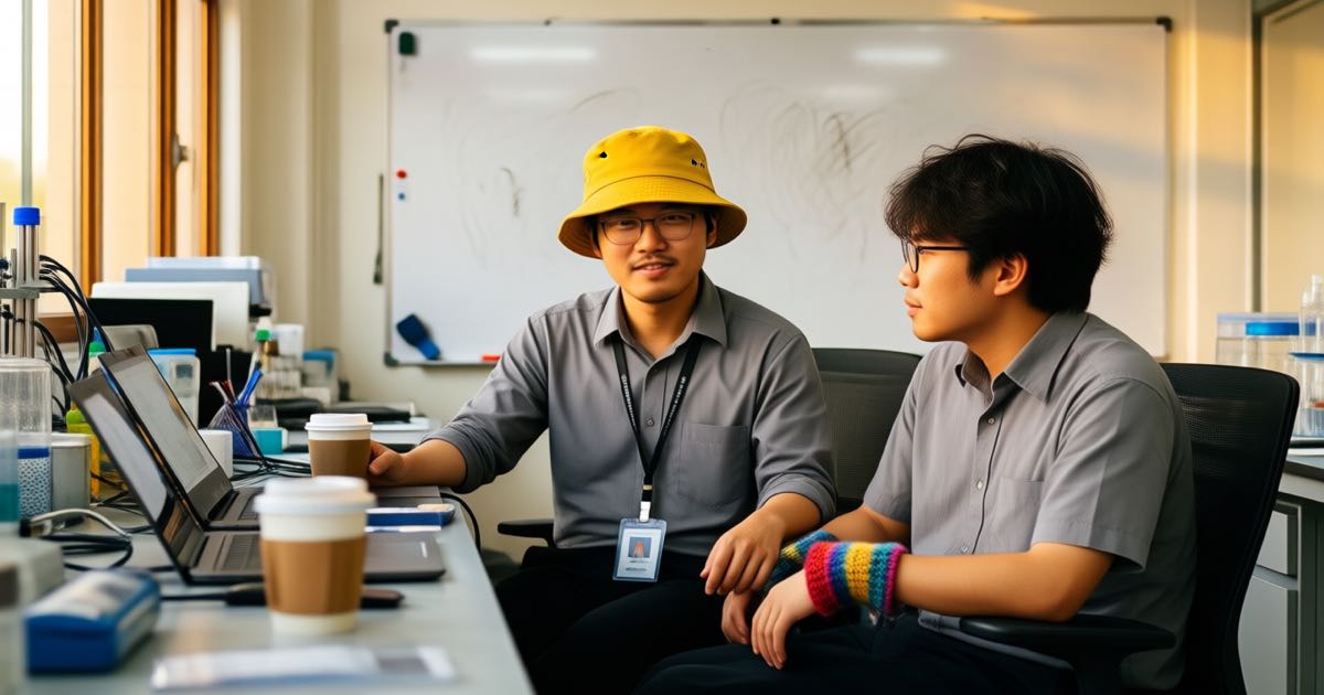 Two engineers in plain grey shirts at an open-plan lab bench with laptops, one in a yellow bucket hat, comparing notes under warm afternoon light