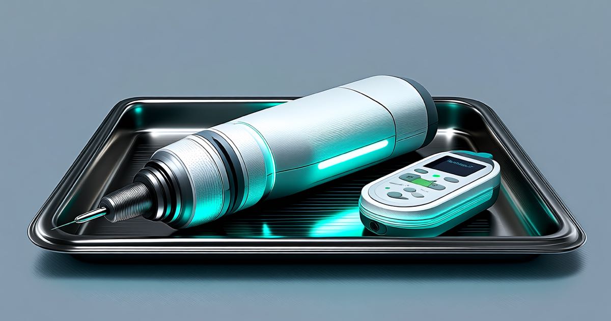 A handheld medical robotic needle-guidance device and a portable chip-based ultrasound probe on a stainless clinical tray