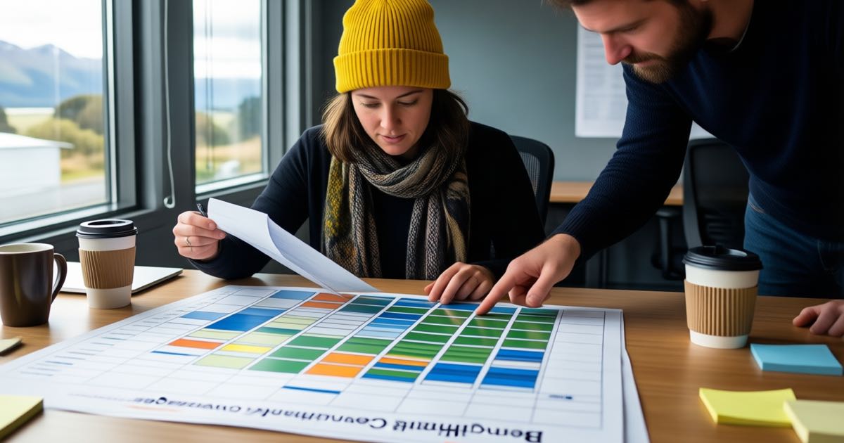 A woman in her late twenties wearing a bright yellow beanie and patterned scarf reviews a wall of coloured chart tiles with a colleague at a desk in a New Zealand open-plan office, mugs and sticky notes nearby, natural window light, documentary editorial photography