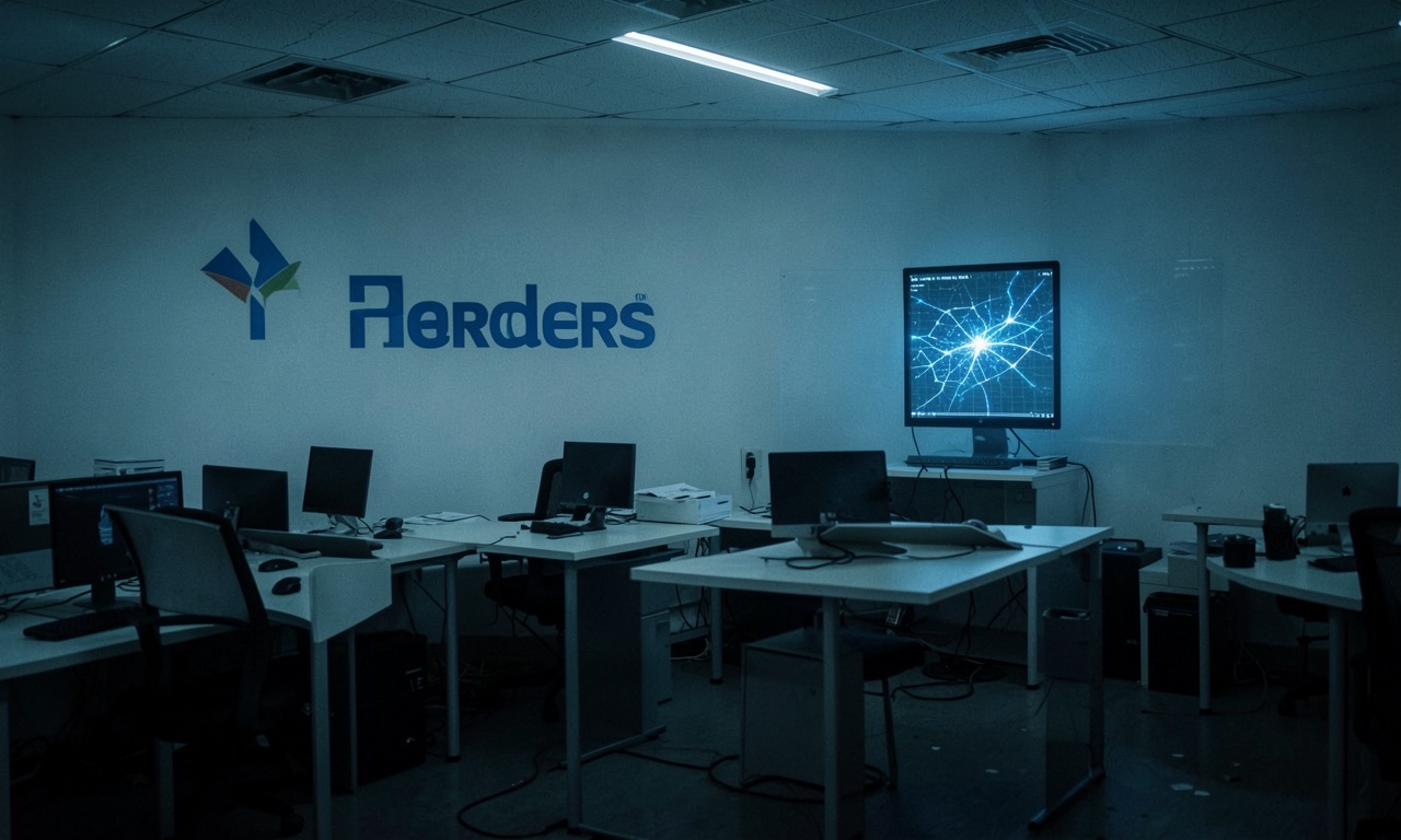 A row of empty office desks with Meta logos on monitors, cold fluorescent lighting, an eerie blue glow from a single screen showing a neural network visualization