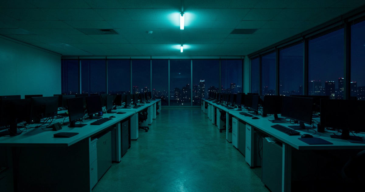 An empty open-plan office with rows of darkened monitors and a single flickering fluorescent light, corporate interior at night.