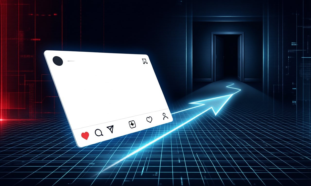 Dark abstract editorial illustration of a benign-looking advert card on a social feed with a hidden arrow routing beneath it toward a shadowed off-platform destination, symbolising covert link redirection caught by AI scanning