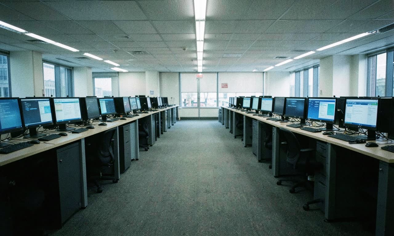 Empty call centre floor in Dublin with computer screens still glowing, overhead fluorescent lights, photojournalistic