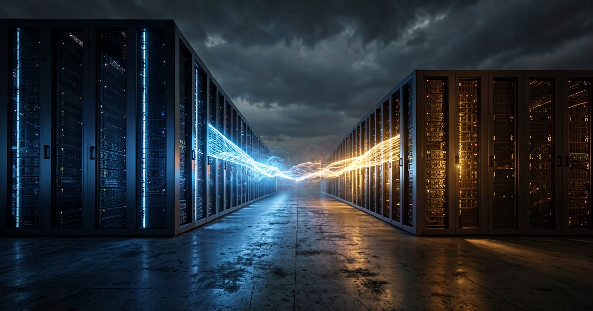 Abstract rendering of two vast data center halls connected by a luminous fibre channel, one humming with cool blue light and the other with warm amber, on a dark concrete plain under a low cloud ceiling.